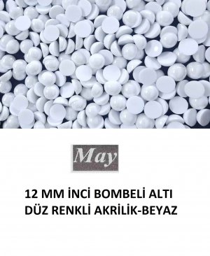 12 MM İNCİ BOMBELİ ALTI DÜZ RENKLİ AKRİLİK-BEYAZ